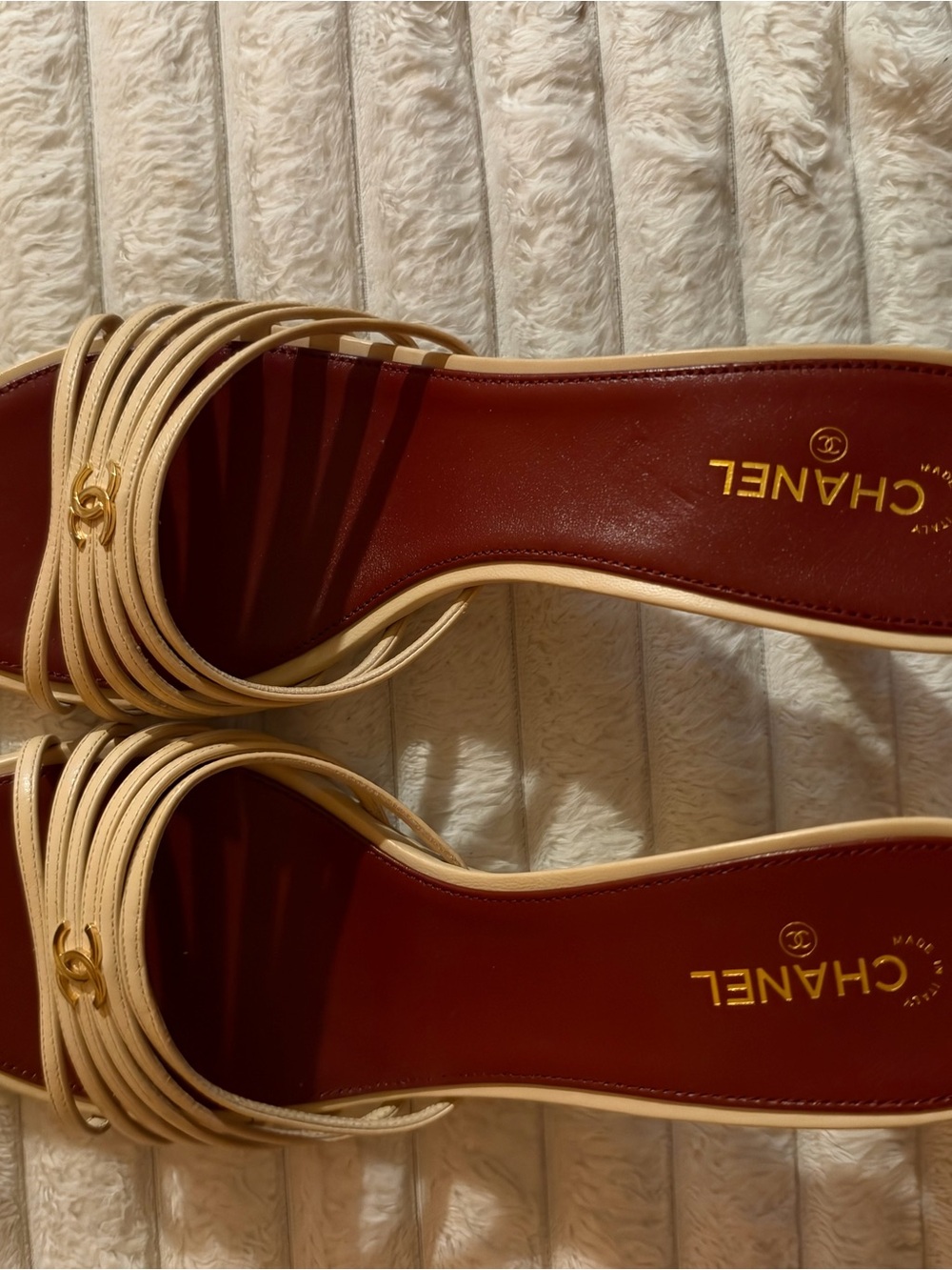 CHANEL Beige Multi-Strap Mules with Burgundy Insole
